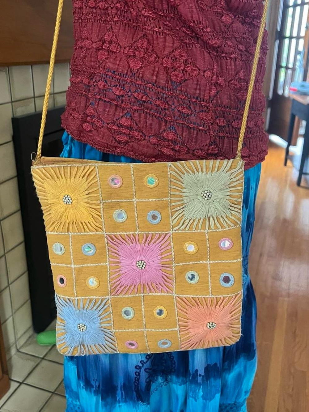 Vintage Embroidered Sunburst Patchwork Crossbody Bag - Mustard Multicolor